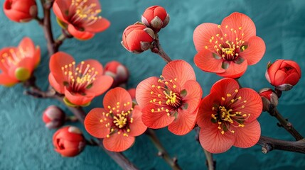   Red flowers on a twig against a teal background