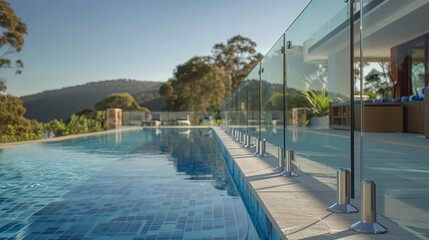 Fototapeta premium Modern glass balustrades by the swimming pool with stainless steel spikes. Generative AI.