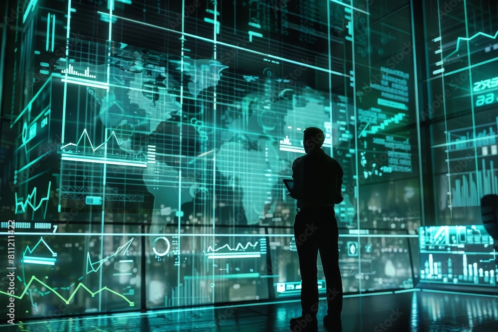 Poster a man is standing in front of a large screen displaying futuristic financial forecasting data, a fut