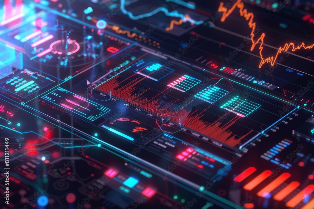 Poster close-up view of a computer keyboard with colorful lights shining, creating a futuristic ambiance, a