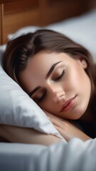 Fototapeta premium Beautiful young girl sleeping on a white pillow