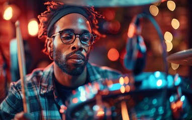 Fototapeta premium A man wearing glasses and a plaid shirt is playing the drums. The image has a mood of excitement and energy, as the man is fully engaged in his performance