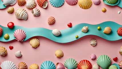 seashells on the abstract seashore. pink sea illustration.