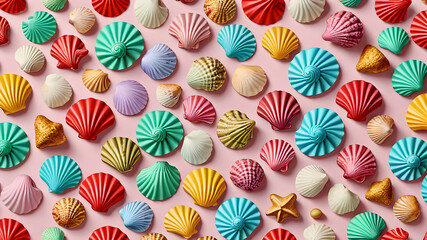 Fototapeta premium seashells on the abstract seashore. pink sea illustration.