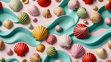 seashells on the abstract seashore. pink sea illustration.