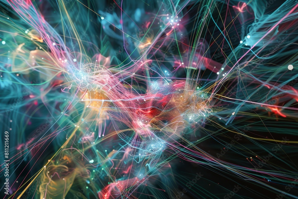 Poster futuristic depiction of dynamic network interactions through vibrant and colorful lines, a futuristi