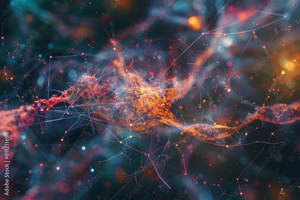 Poster computer-generated cluster of stars illustrating network dynamics in space, a futuristic visualizati