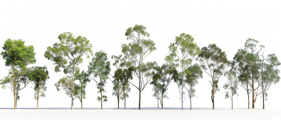 Different species of brisbane eucalypt trees, sheet turnaround, isolated on white background
