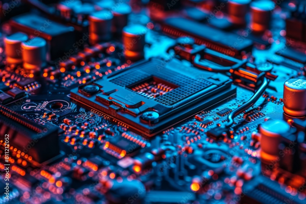 Poster detailed view of a computer motherboard with various components such as cpu, ram slots, and connecto