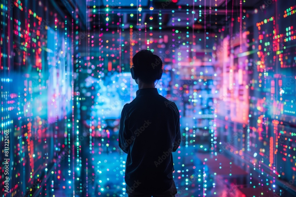 Poster a person stands in front of a vibrant and colorful display, admiring the array of hues and patterns,