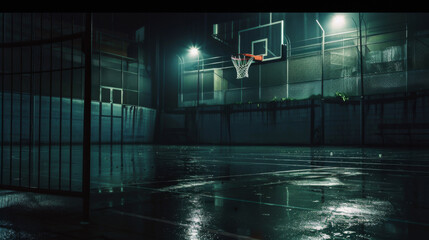 A basketball court is empty and wet. The lights are on, and the court is lit up