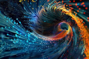 A vibrant swirl of colors in a digitally created design resembling a galaxy of data around a supercomputer, a galaxy of data swirling around a supercomputer's core