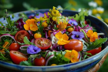 A diverse selection of flowers fills a blue bowl in a vibrant display of colors and varieties, A garden salad bursting with colors and flavors