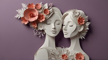 Paper art Happy women's day 8 march with women of diff