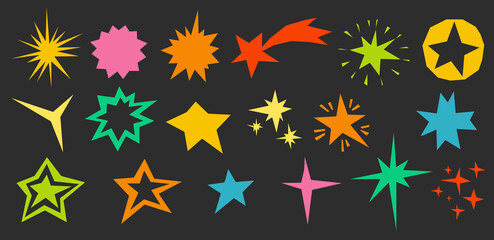 Set of cut out colored stars isolated. Cut out of colored paper for collage. Irregular shaped stars for design. Abstract star shapes. Vector illustration.