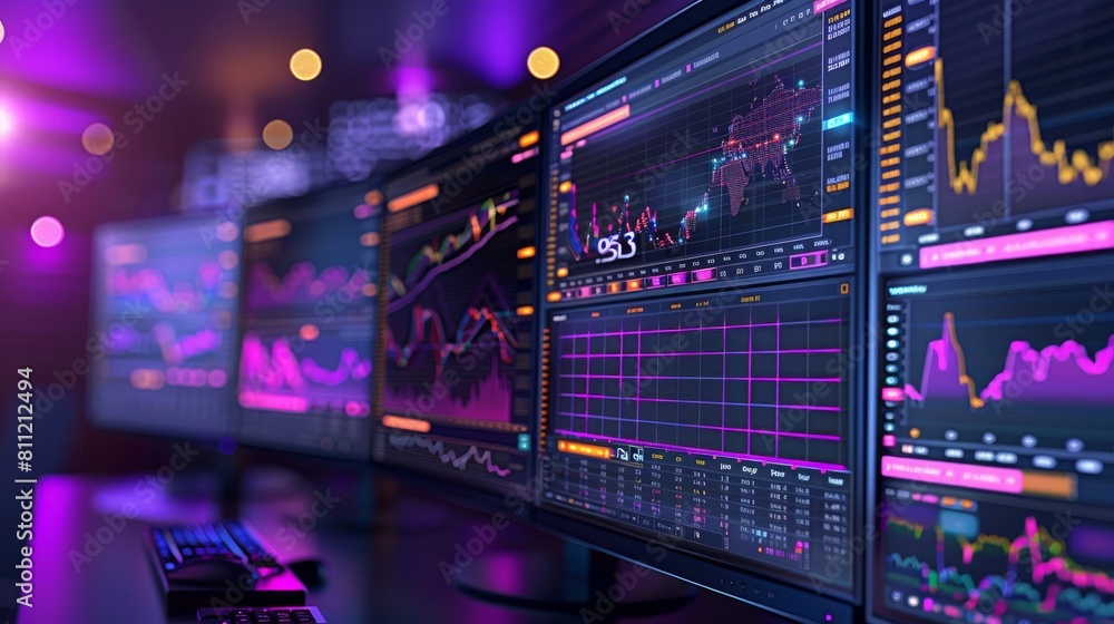 Sticker Closeup of multiple computer monitors displaying realtime market data in vibrant neon colors on the screen. The dynamic graphs and charts show financial data in real time. Generative AI.