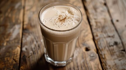 Milk coffee beverage in a glass on a wooden surface