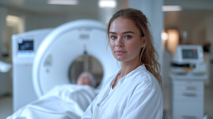 Radiologic Technologist with CT Scanner and Patient in the Background