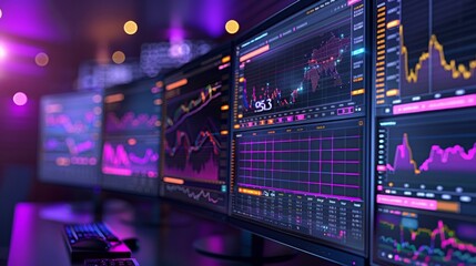 Closeup of multiple computer monitors displaying realtime market data in vibrant neon colors on the screen. The dynamic graphs and charts show financial data in real time. Generative AI.