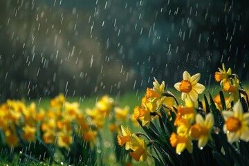 Field of yellow daffodils being watered by rain showers, A gentle rain shower falling on a field of daffodils