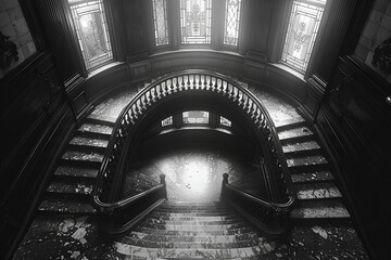 A Black and White Photo of a Large Staircase,
High angle view of spiral staircase
