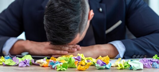 A businessman is sitting at his desk with his head in his hands. He is surrounded by crumpled up...