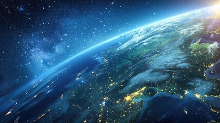 Planet Earth is depicted in stunning detail transitioning from a nighttime spectacle of sparkling city lights to the vibrant light of day illustrating the captivating boundary between night