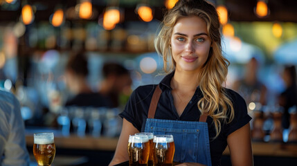 A waiter who is also a beautiful young female wearing a professional elegant blue gilet and a black shirt, holding a tray with glass of fresh dripping beer. Generative AI.