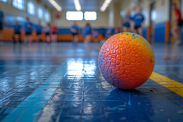 A Close View of a Soft, Colorful Dodgeball,
Closeup of a goalball with an officially marked court in the background
