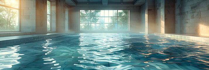 An Image of an Empty Indoor Swimming Pool,
Luxurious swimming pool in a spa hotel with large windows and a beautiful view
