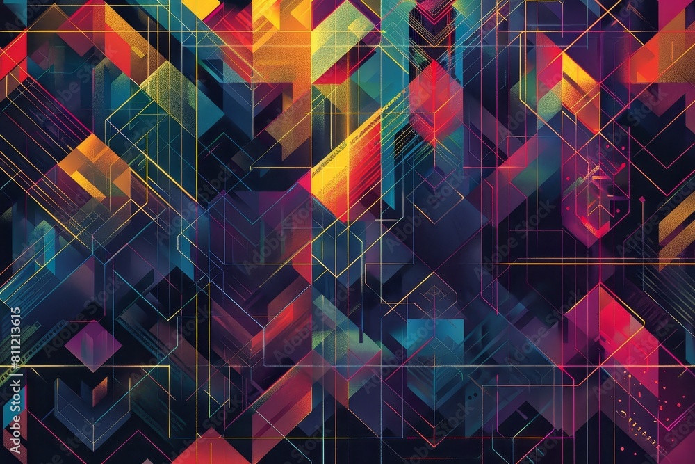 Poster vibrant abstract design featuring intersecting lines and geometric squares in a variety of colors, a