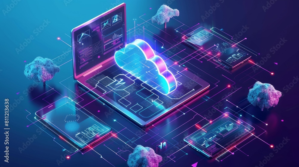 Poster cloud technology, computing. devices connected to digital storage in the data center via the interne