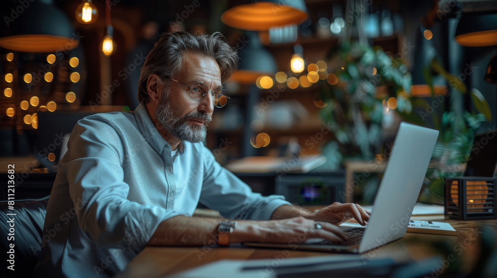 Aufkleber the company chief operating officer is at work, managing processes with a laptop. generative ai.