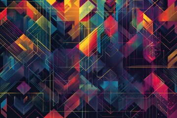 Vibrant abstract design featuring intersecting lines and geometric squares in a variety of colors, A geometric pattern inspired by computer code