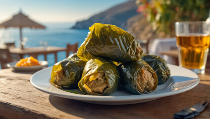 delicious  dolma in a plate in a tavern against the backdrop of the sea
