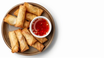 Collection plate of spring rolls with dipping sauce isolated on a transparent background, top view...