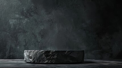 Artistic high-quality photo of a black stone pedestal, highlighted by its isolation on a dark, shadowy background