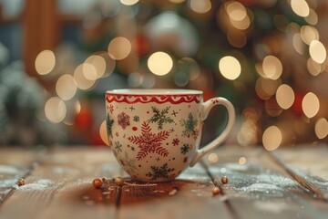 Festively Decorated Mug with Snowflakes on Wooden Table and Bokeh Lights Background for Christmas and New Year