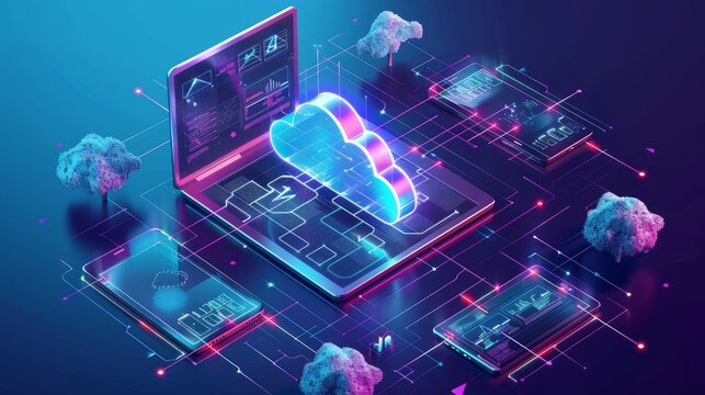 Cloud technology, computing. Devices connected to digital storage in the data center via the Internet, IOT, Smart Home Communication laptop, tablet, phone home devices with an online. Generative AI