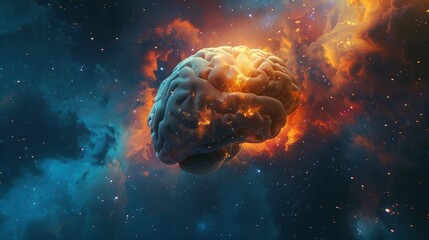 Conceptual brain in thought, blending with cosmic elements, exploring the mind's universe, dusk ambiance, AI Generative hyper realistic  © Johannes