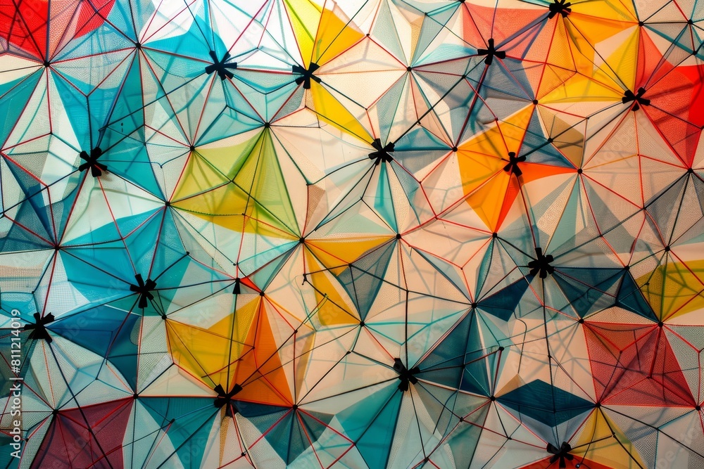 Poster a painting featuring a multitude of brightly colored umbrellas arranged in a geometric pattern, a ge
