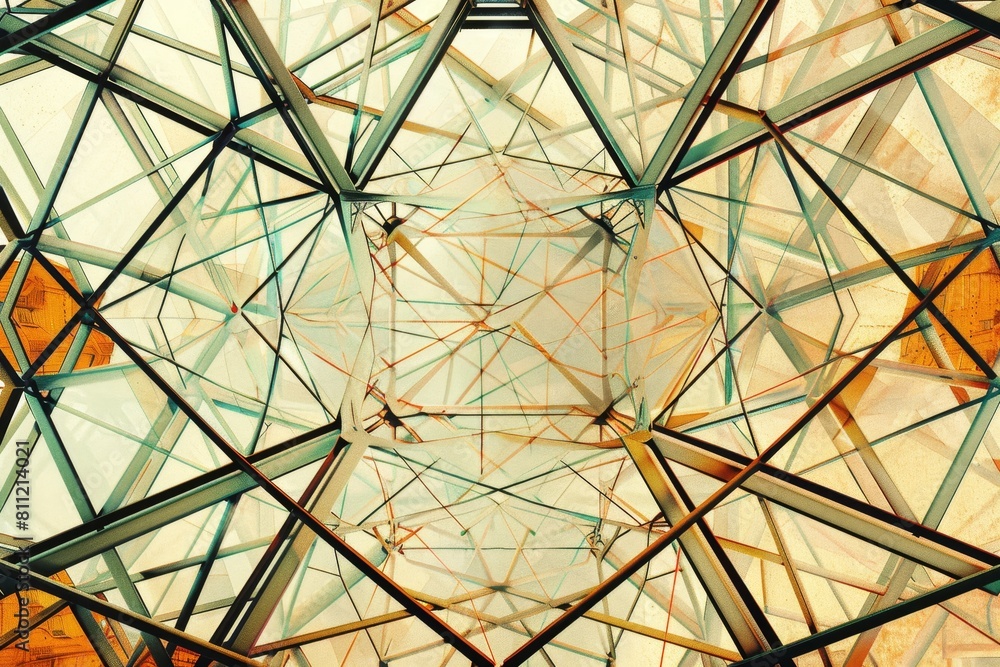 Poster detailed view of a complex, geometric glass structure with interconnected lines and shapes, a geomet