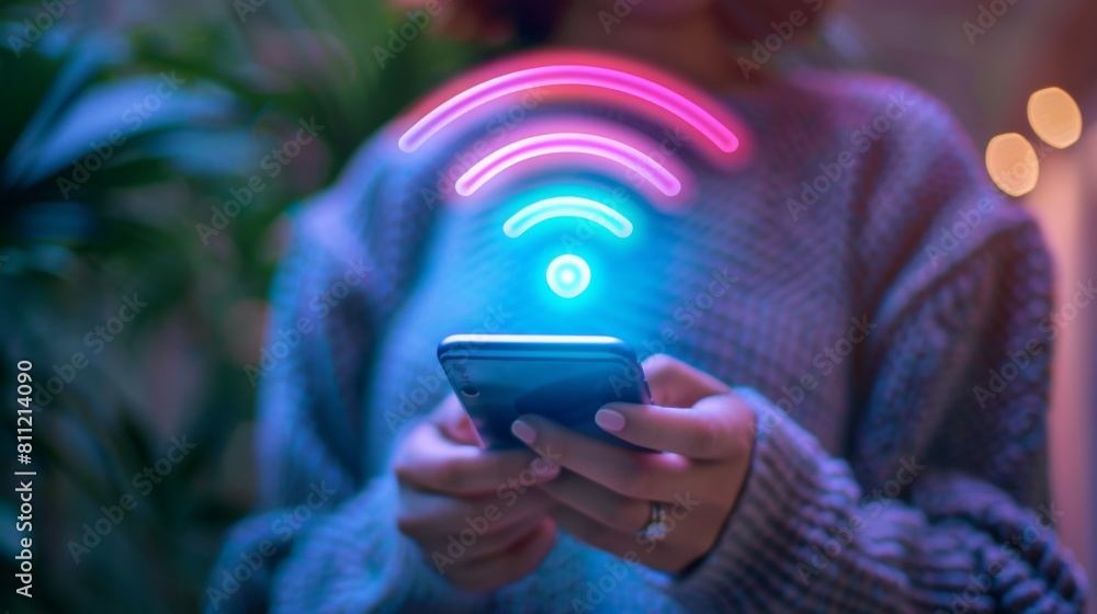 Aufkleber A person using a mobile phone with signal bars displayed, highlighting the importance of strong network coverage for seamless communication.