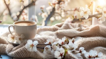 Cozy warm spring composition with cup of hot coffee or chocolate, cozy blanket and blossoming cherry branches on sunny spring day. Spring home decor. Easter. hyper realistic 