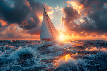 Beautiful Yacht Sailing in the Sea,
A sailboat in the middle of the ocean under a cloudy sky
