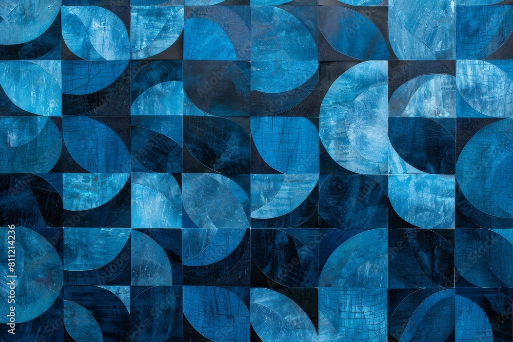 Poster geometric pattern of overlapping blue circles on a black canvas, a geometric pattern of overlapping 