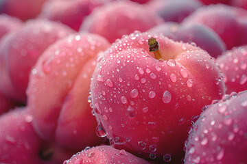 Big Beautiful Pink Peaches Fresh Ripe Peaches,
Fresh peach fruit with water droplets on branch in soft dreamy bright atmosphere Natural fruit
