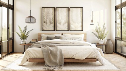 A modern bedroom with large windows, white walls and a black frame poster on the wall above the bed, wooden side tables, plants in vases