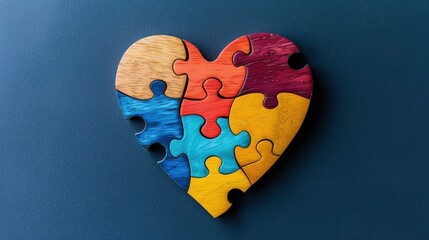 heart shaped puzzle with colorful items isolated on dark blue background
