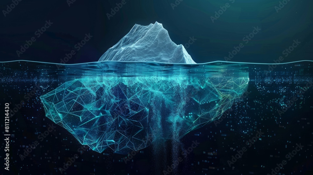 Poster digital antarctic iceberg in the ocean in futuristic polygonal style on dark technology background. 
